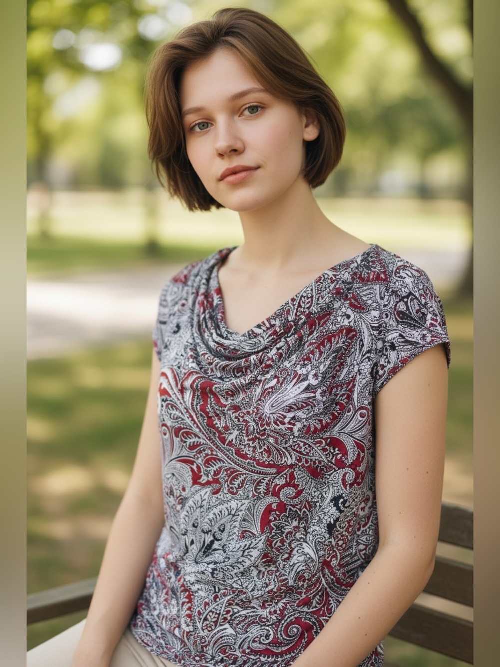 Liz Claiborne Burgundy Paisley Capped Sleeve Draped Neckline Women’s SZ L